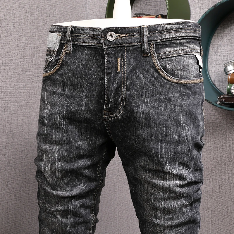 European Vintage Fashion Men Jeans Retro Black Gray Elastic Slim Fit Ripped Jeans Men Distressed Designer Casual Denim Pants