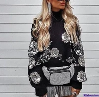 2020 women sequined flower knitted sweater loose turtleneck sequins beading pullovers sweater winter thick black tops
