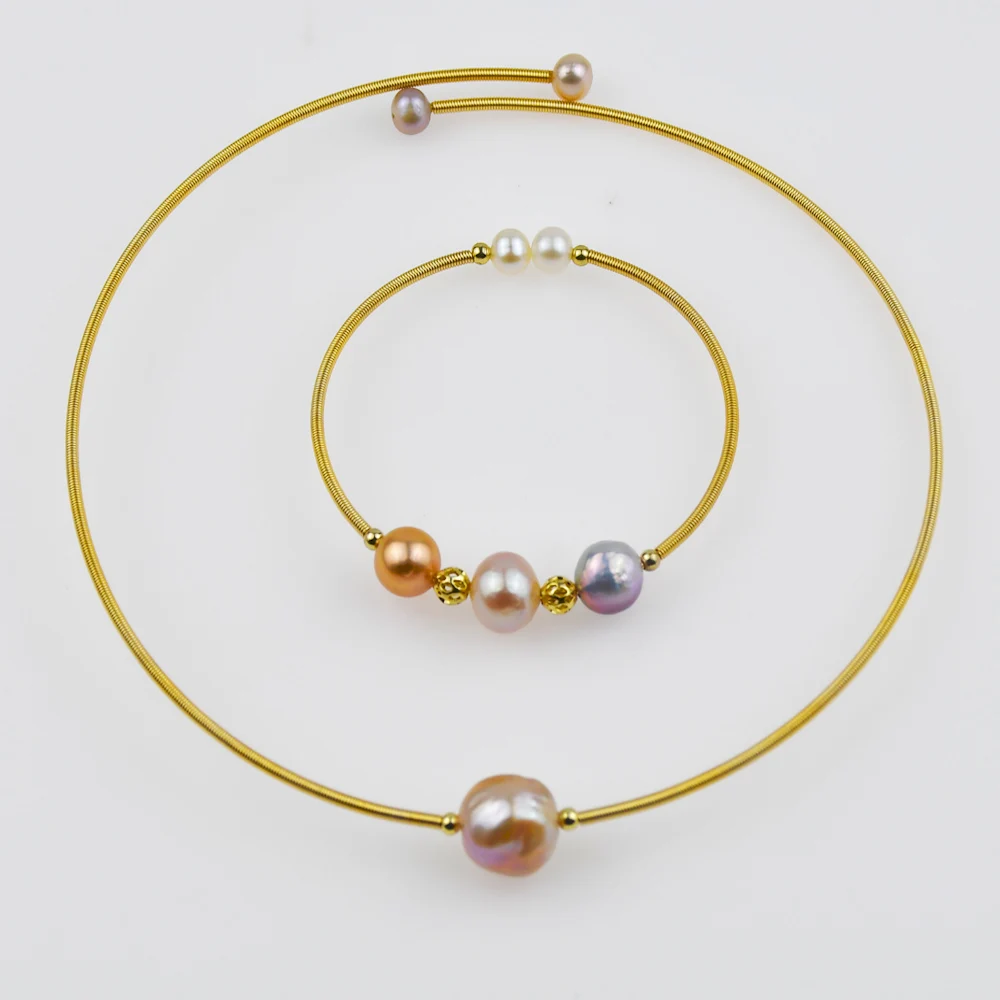 KBJW Чистый золотой цвет колье и браслет из натурального жемчуга ручной работы