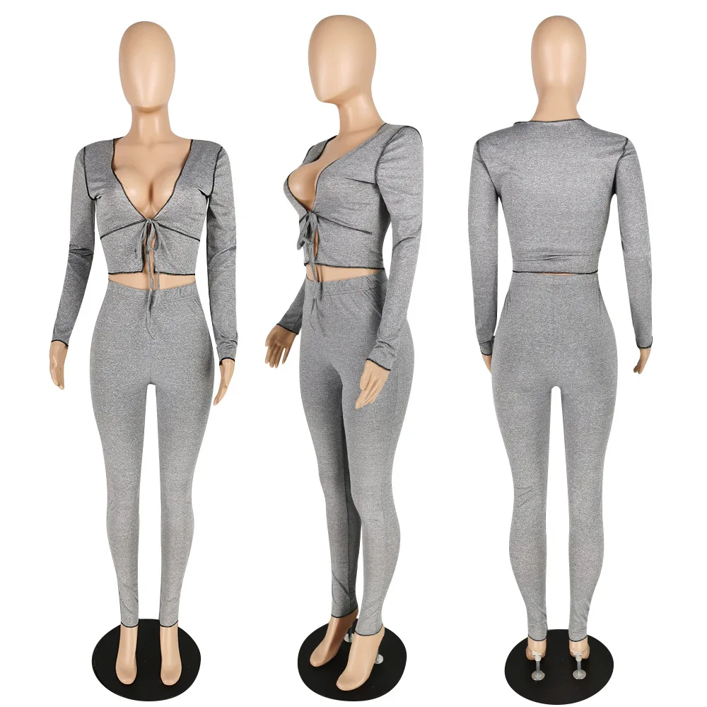 

FNOCE 2020 autumn and Winter women's sets sexy fashion casual solid long sleeve sexy tops and tight trousers Two-Piece set suits