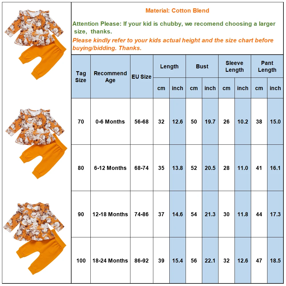 Топ с оборками и цветочным принтом для маленьких девочек + оранжевые однотонные