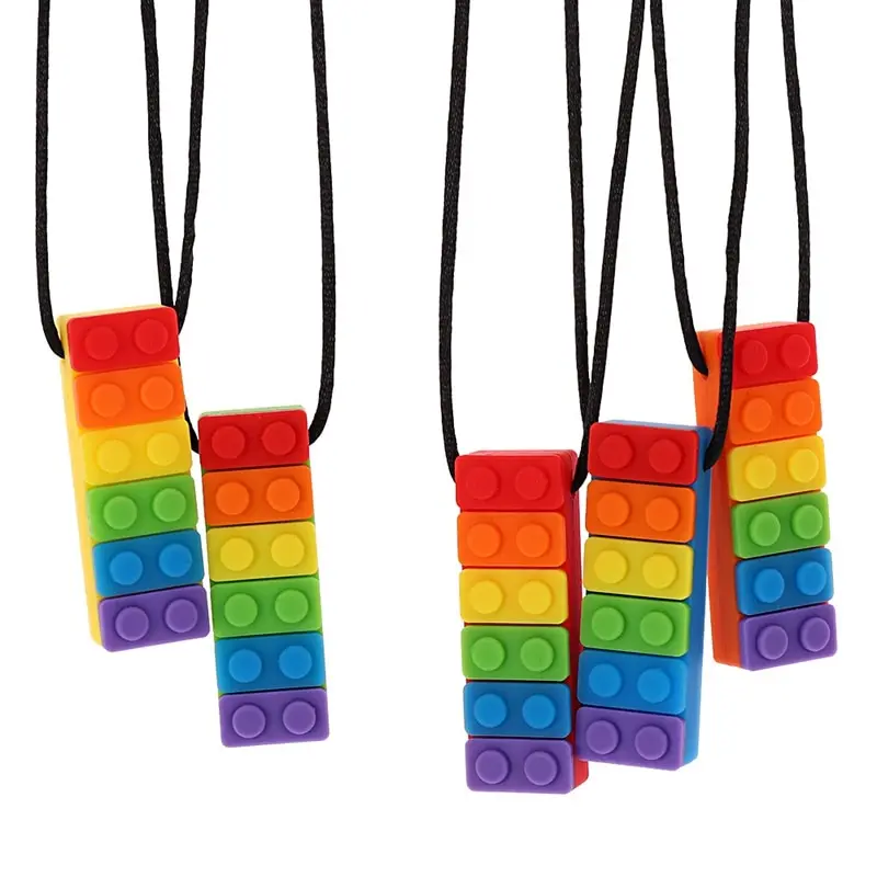 

1 Pc Block Baby Teethers Sensory Chew Necklace Brick Silicone Biting Topper Teethers Toy Rainbow Teething Pandent Sensory Toys