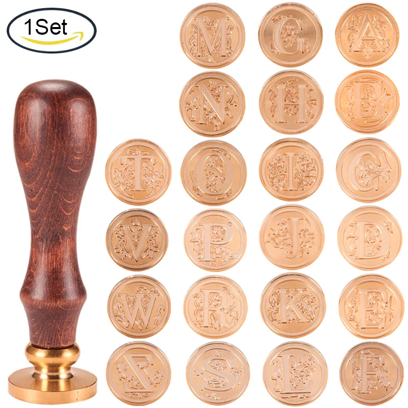 

1 Set Wax Seal Stamp Vintage Retro Brass Head Wooden Handle Alphabet Letter A~Z Initial Wax Classic Sealing Stamp