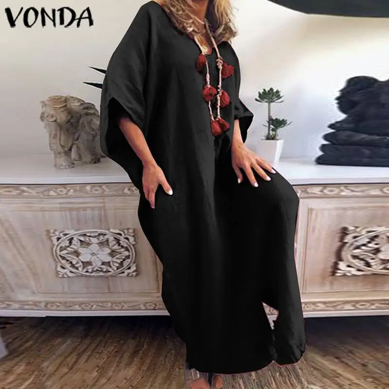 VONDA размера плюс длинное платье Макси женское винтажное платье с коротким рукавом весна лето повседневное свободное платье