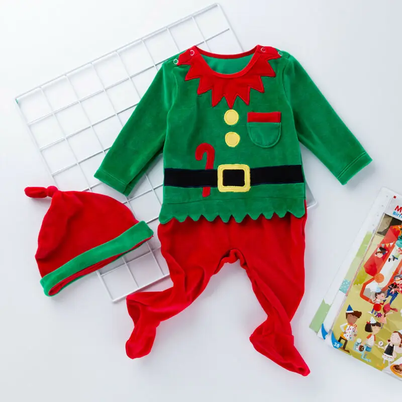 Рождественская Одежда для новорожденных мальчиков и девочек Комбинезон шапка
