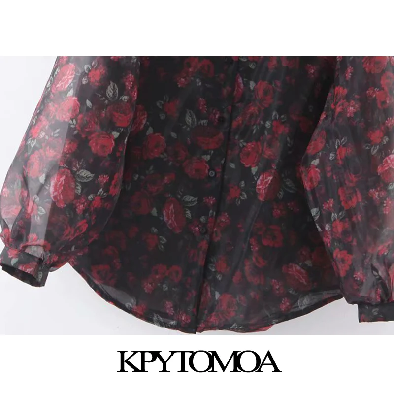Vintage Stylish Floral Print Organza Blouse Women Fashion Lantern Sleeve See Through Sexy Female Shirts Blusas Chic Tops