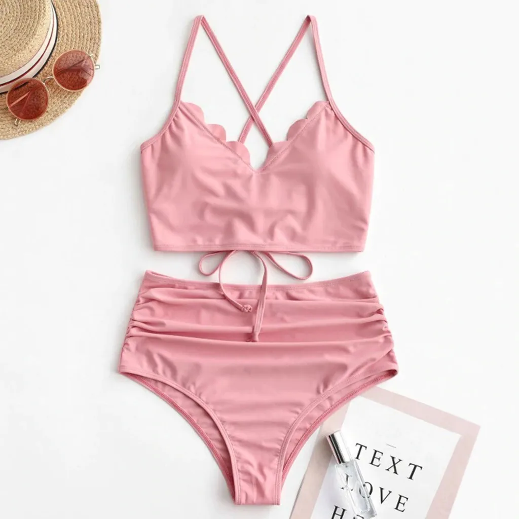 Swimming Suit 2021 Women Sexy Scalloped Lace-up Ruched Tankini Swimsuit Beachwear Female Biquini Maillot De Bain Femme |
