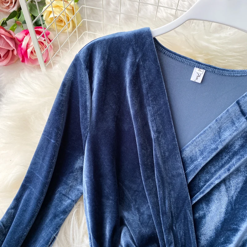 Женское велюровое платье в стиле ретро осенне-зимнее платье-трапеция с V-образным