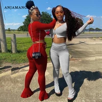 anjamanor sexy two piece outfits for women long sleeve crop top and flare pants 2 piece sweat suits matching sets d13 ci37