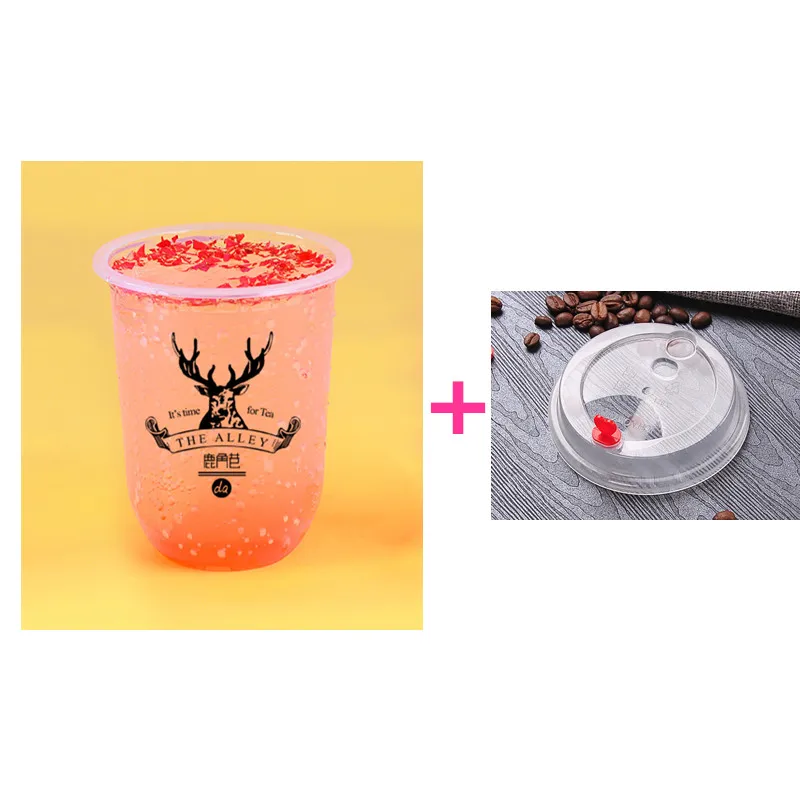 cup and lid Одноразовый жир u-образный узор креативный прозрачный молочный чай пластиковая чашка кофе напиток сок Напиток Упаковка чашки с крышкой - Цвет: cup and lid