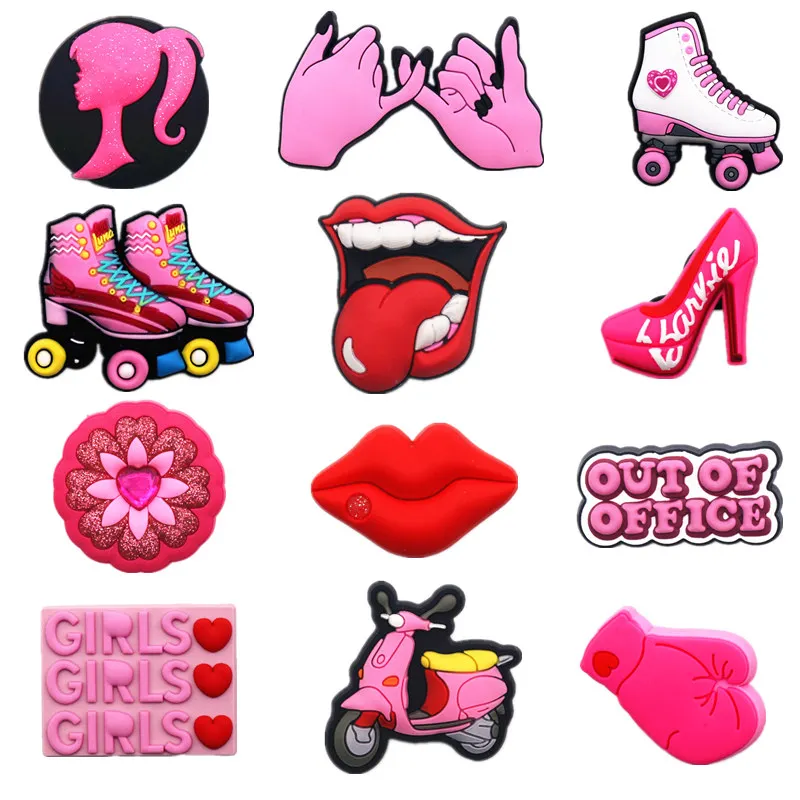 Original Shoe Charms Pink Roller Skates Girl Boxing Gloves Lips High heels Shoe Decoration Accessories for Croc jibz Kids Party