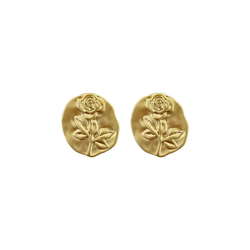 

Zeojrlly Round Metal Women Classic Stud Earrings Haze Gold Retro Rose Earrings Flowers Art Simple Hand Designed Jewelry
