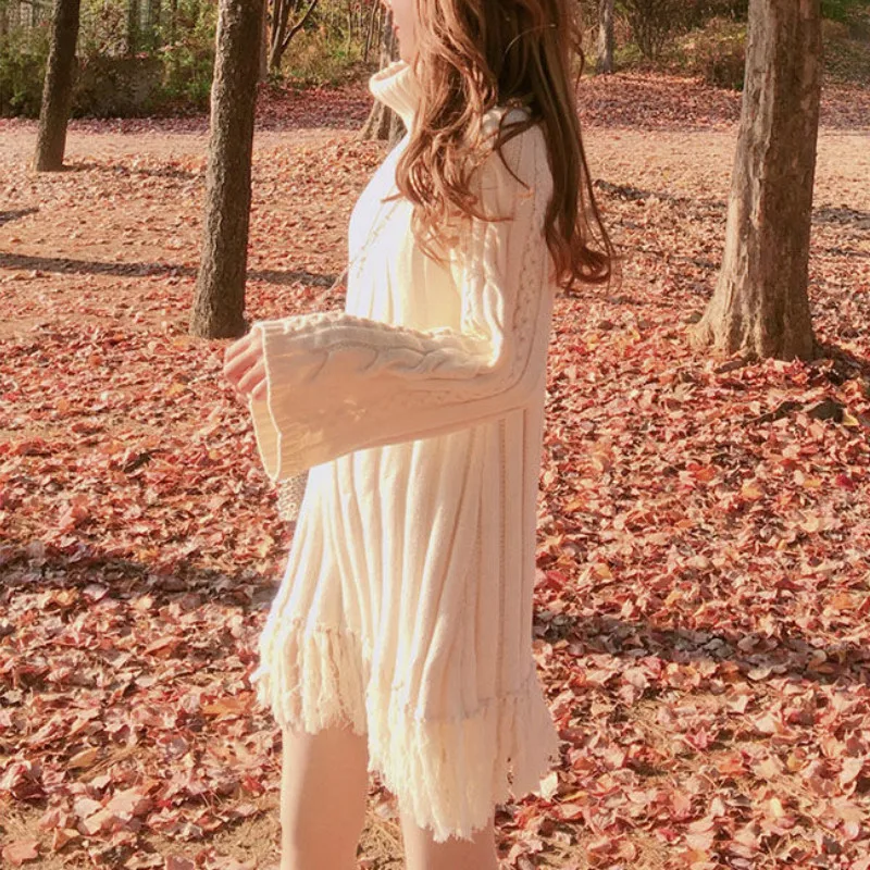 

Autumn Winter Women Sweet Loose Knitted Sweaters Outerwaer Chic Turtleneck Thick Warm Long Knitwear Lady Solid Tassel Pullover