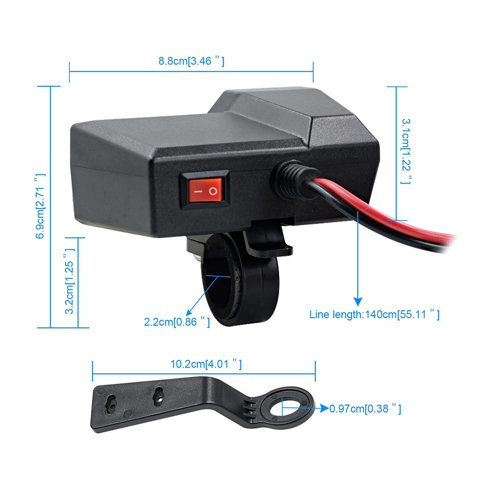 

Motorcycle USB Charger 3.4A Dual USB 10-24V Waterproof with Voltmeter Cigarette Lighter ON/OFF Switch for Motor Ebike Accessory