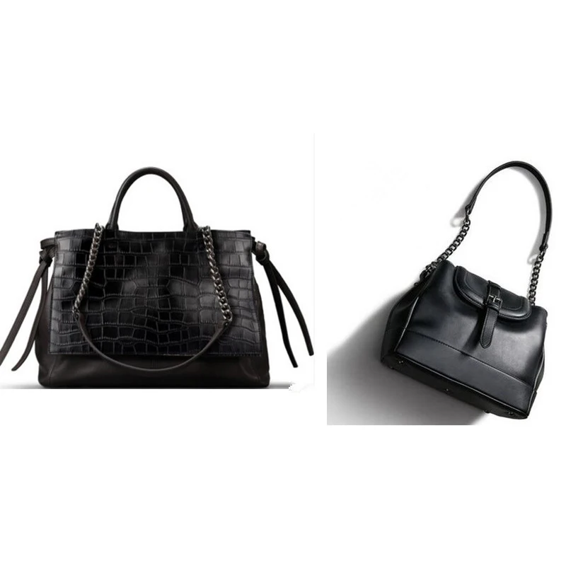 

DIY Long Short Bag Strap Genuine Leather+Chain 80-160CM Bag Accessories For Brand Bag Gun Black Silver Chain Strap