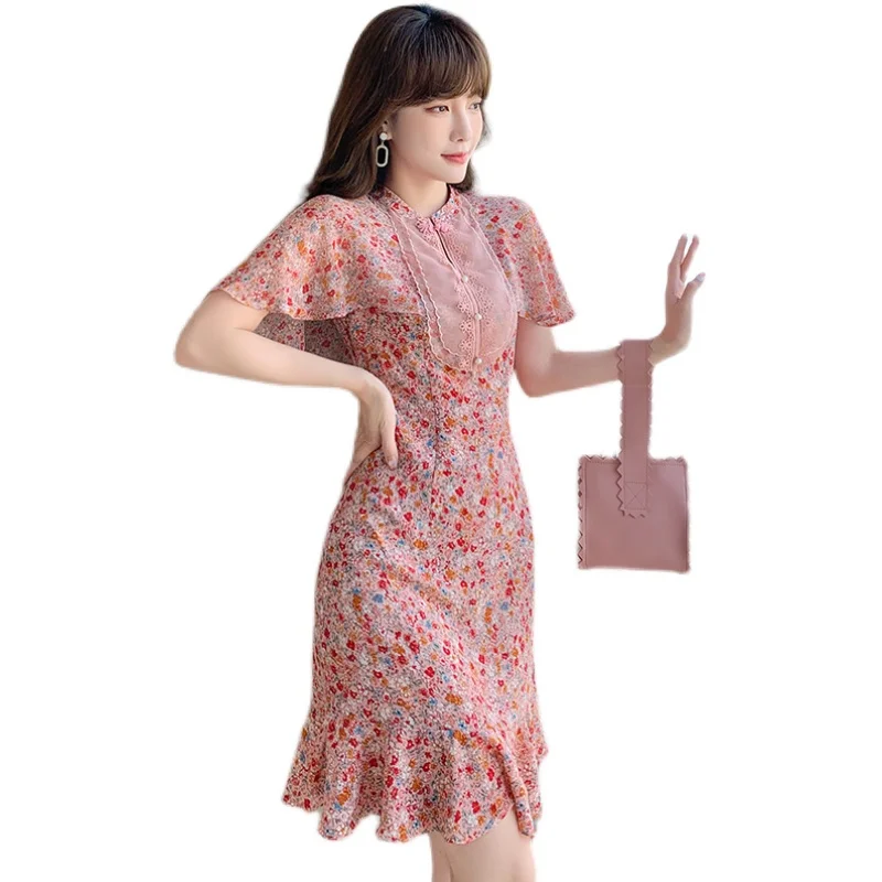 

COIGARSAM Vintage Patchwork Women dress New Summer Dresses Red 2131