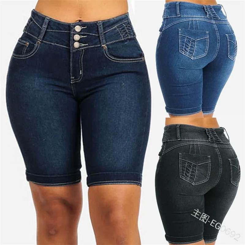 

Ladies summer high-waist cuffed denim leggings stretch tight shorts pockets slimming hips solid color casual women's pants S-5XL