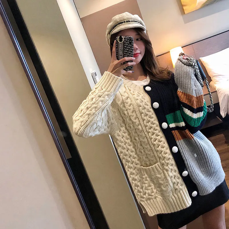 [EWQ] korea style full sleeve Panelled women Knit sweater Vintage Plus Size Thick Warm Cardigan Sweater 2019 autumn new QL19812 |