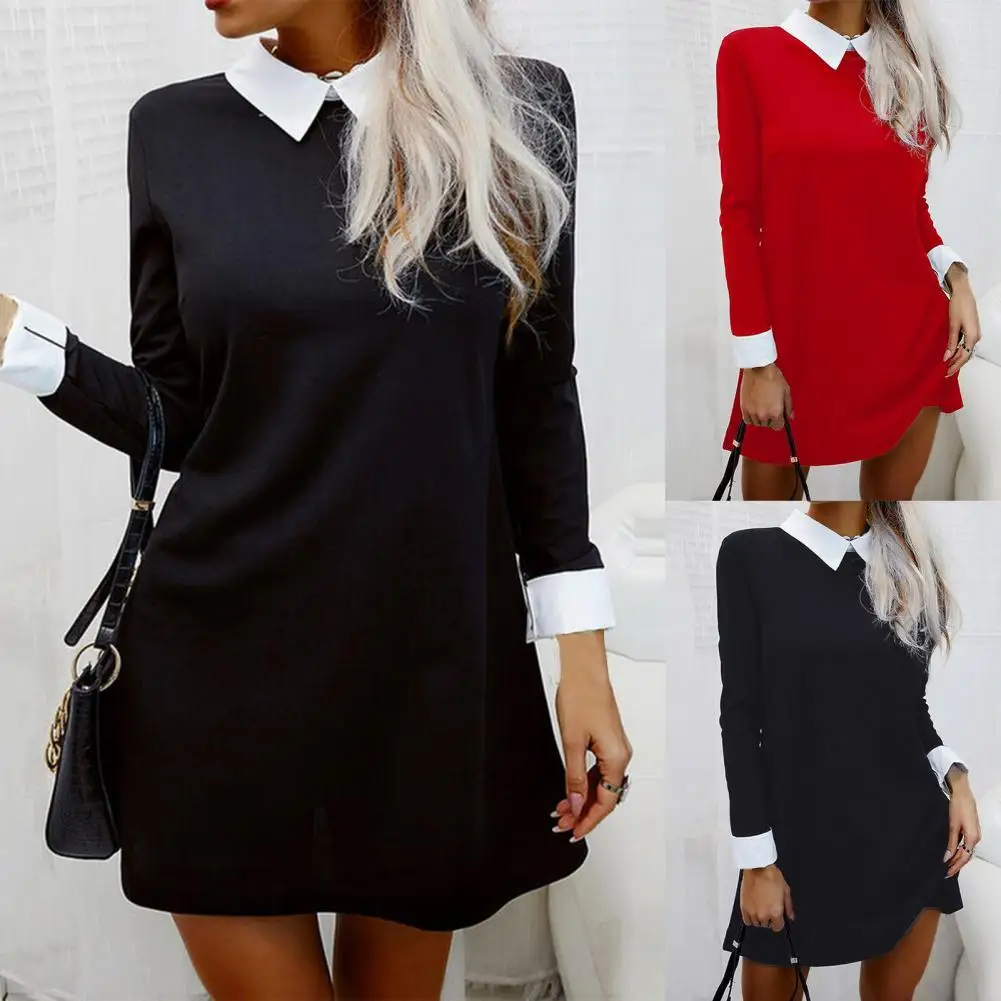 

Dropshipping Women Dress Color Block Above Knee Length Autumn Loose A-line Dress for Office