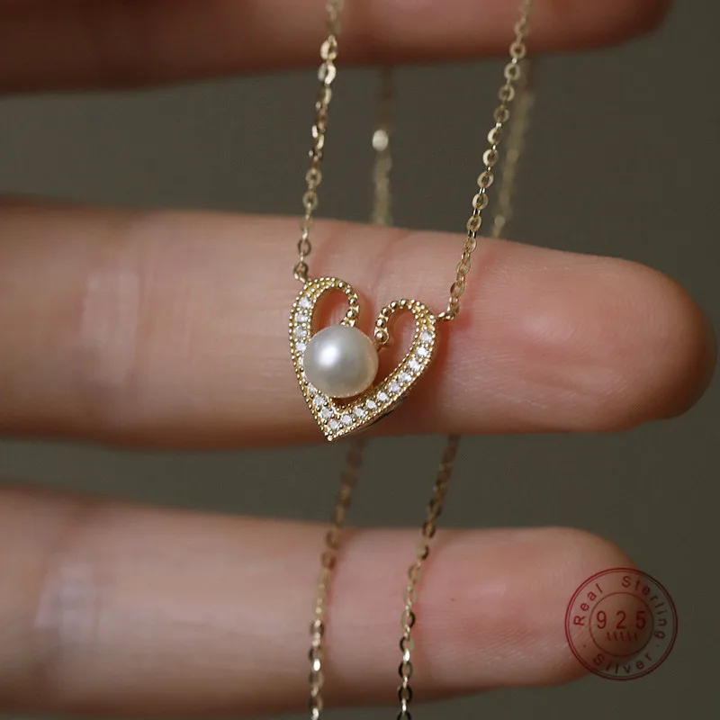 

HI MAN 925 Sterling Silver Sweet Crystal Pearl Heart Pendant Necklace Women Plated 14K Gold Exquisite Engagement Jewellery