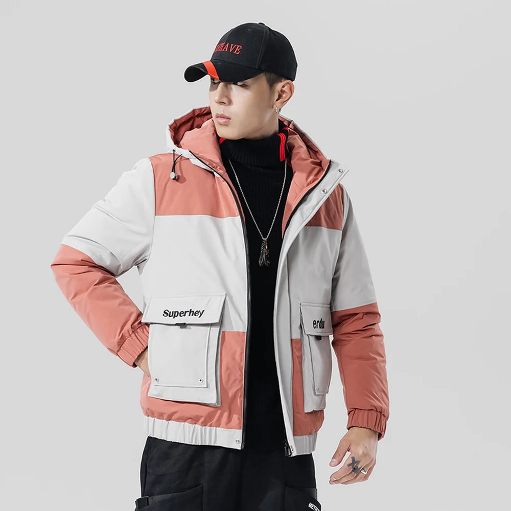 Covrlge Down Jacket Men Duck Down Jacket Thick Winter Warm Jacket Casual Pathwork Color Matching Hooded Men Coat Us Size MWY035