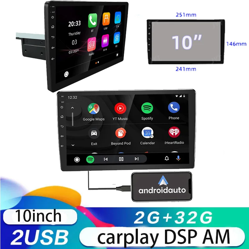

1din AHD Carplay Android 10 Car Radio 2.5D 10'' Maltimedia Stereo DSP & RDS 2GB + 32GB Car DVD Player For Android / IOS