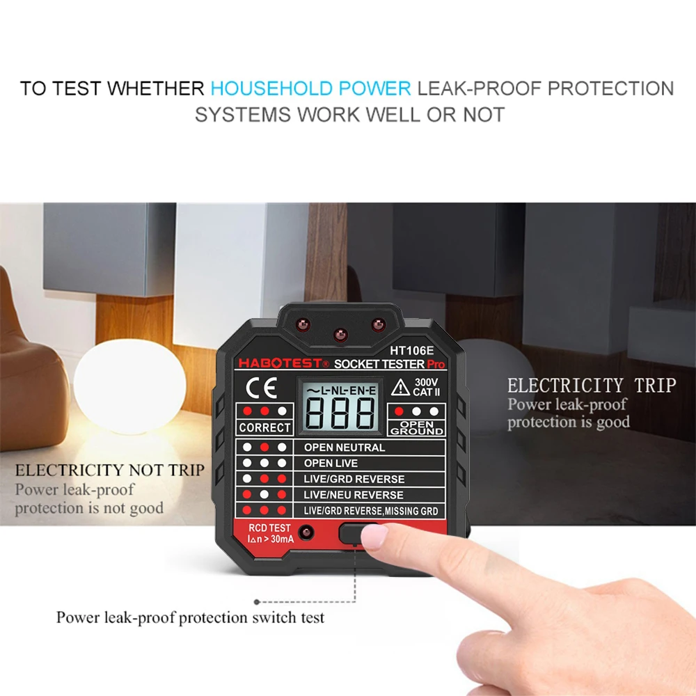 HABOTEST Advanced HT106D штепсельная вилка европейского стандарта, электрическая розетка, тестер, автоматическое тестирование провода, автоматический выключатель, детектор, настенная вилка, выключатель, искатель
