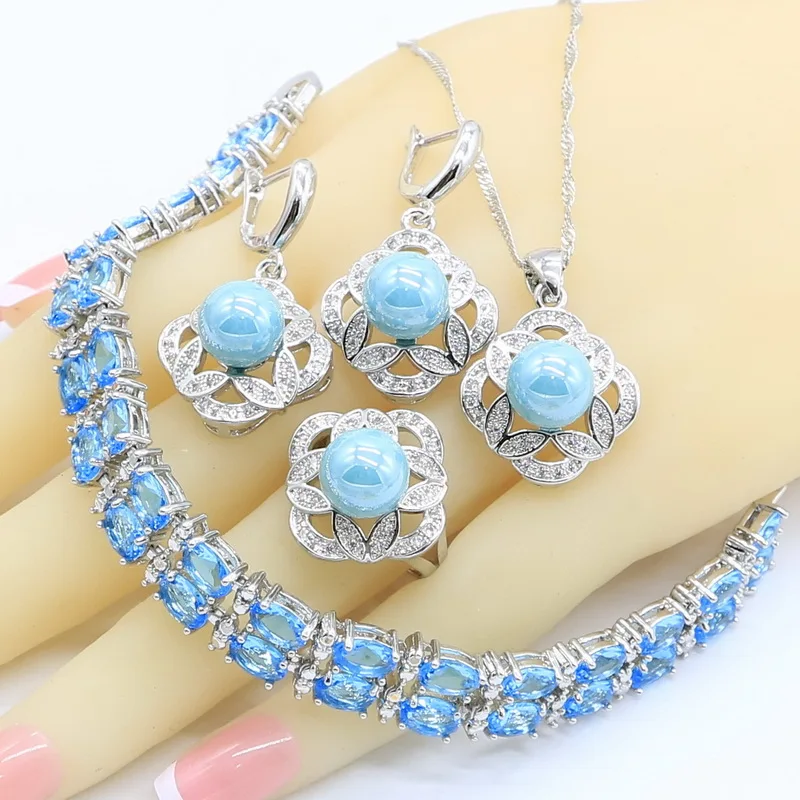 Голубой жемчуг серебряный цвет Ювелирные наборы для женщин Небесно циркон