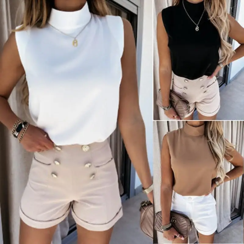 

Women Vest Casual Half High Collar Blouse Shirt Summer Sleeveless Solid Pullover Tops Office Lady Slim Fitness Shirt Blusas