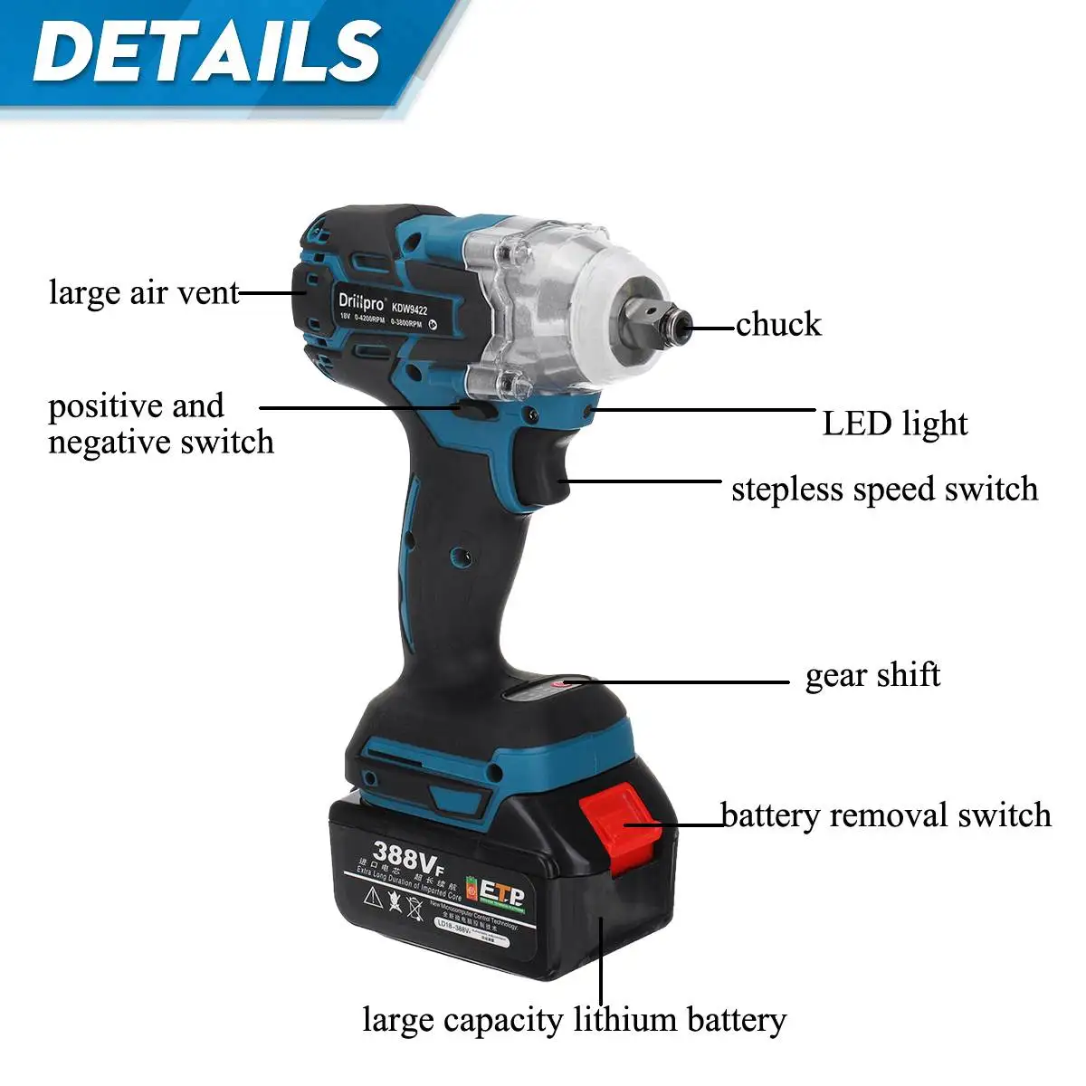 Drillpro-llave de impacto eléctrica sin escobillas 388vf, herramienta eléctrica de 1/2 pulgadas para el hogar, batería de litio de 15000AMH para batería Makita de 18V