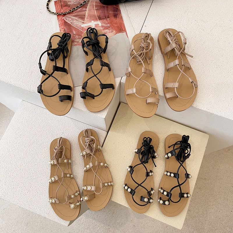 

Pearl Sandals Female Shoe Clear Heels 2021 Summer All-Match Cross Cross-Shoes Girls Low Beige New Comfort Block Fashion Gladiato