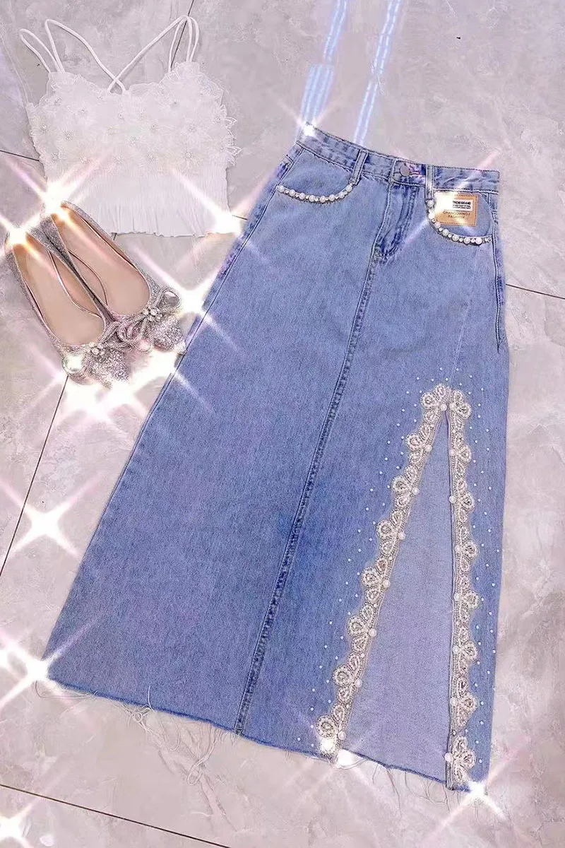 

Heavy Industry Beads Denim Skirt for Women 2021 New Fashion Side Slit Pocket High Waist Skirt Femme Girl Sweet Long Skirt Summer