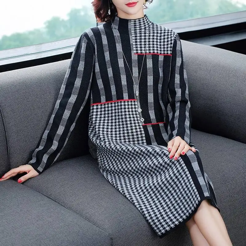 Женское вязаное платье свитер с круглым вырезом длинным рукавом|Женские платья| |