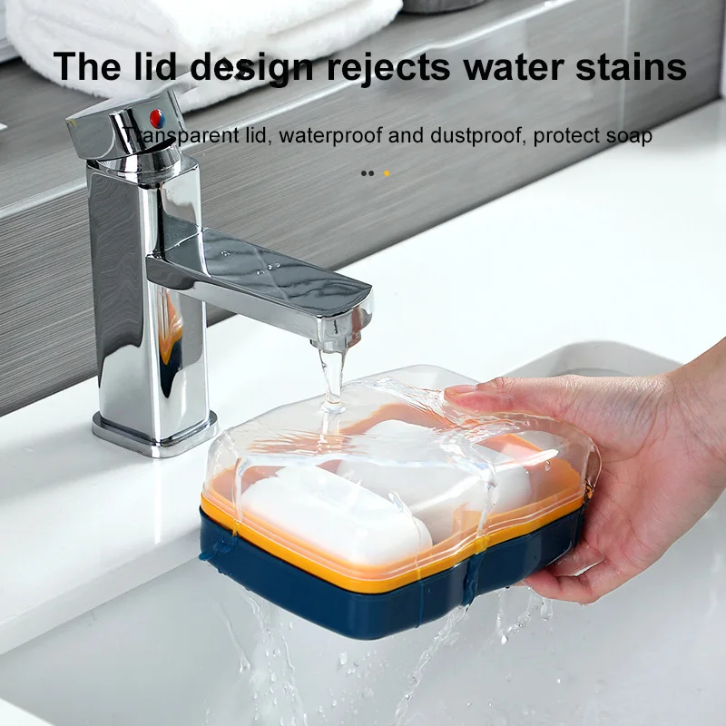 

Double-layer Soap Box Drainage Double Grid Drain Box Creative Color Contrast Soap Holder Shelf With Cover Bathroom Accessories