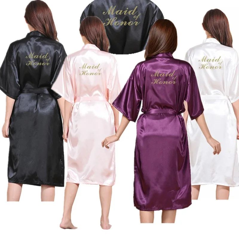 

Wholesale Maid of Honor Letter Gold Glitter Women Pure Color Long Satin Silk Robes Kimono Nightgown Bride Spa Party Bathrobe T32