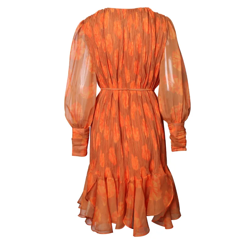 

Runway Designer Autumn Lace up Ruffle Dress Women's Elegant Round Neck Puff Sleeve Orange Print Holiday Dress