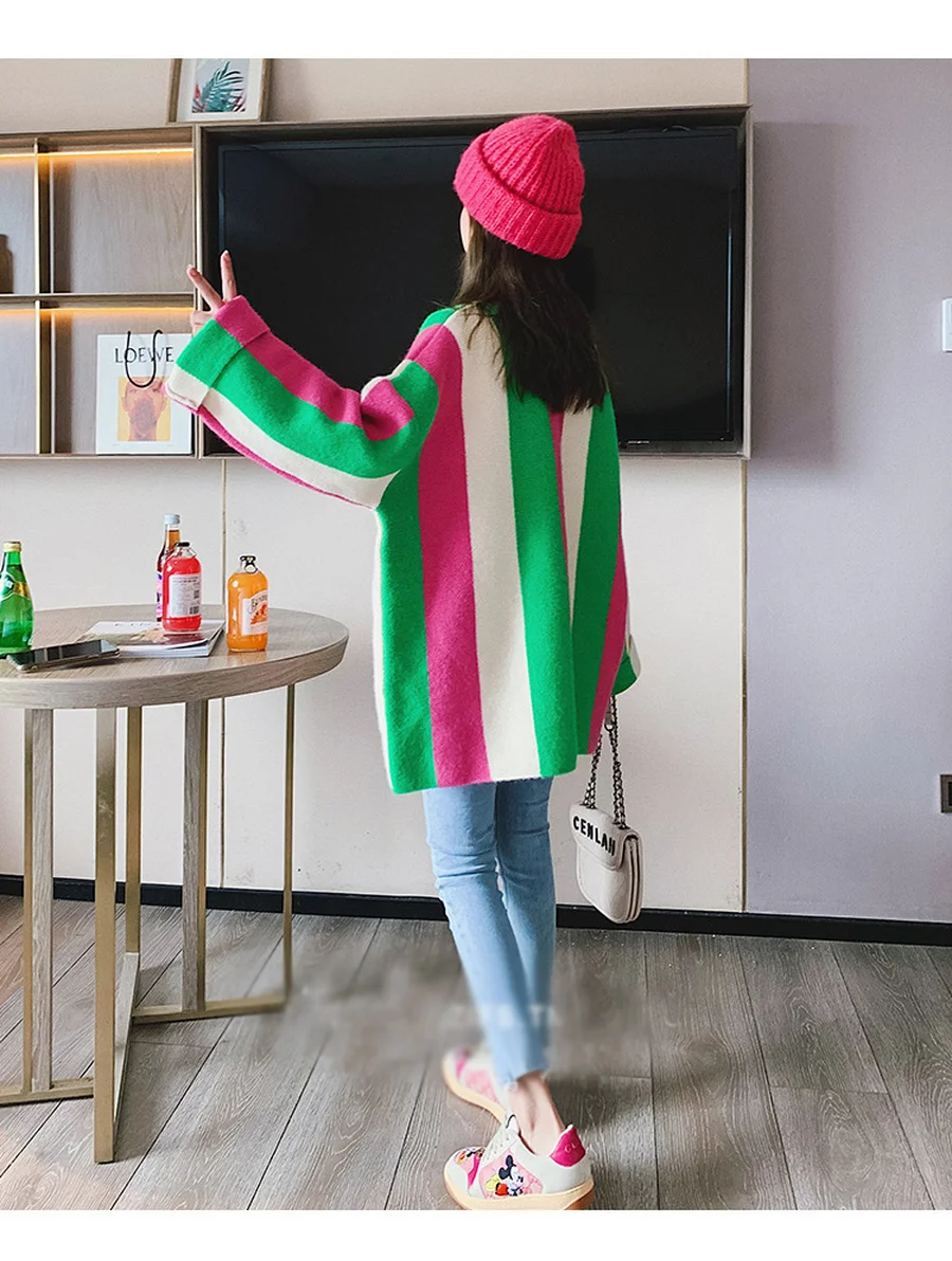 

SYJ Sweaters Women Cardigans Full Sleeve Knitted V Neck Basic Knitwear Rainbow Girl Jacket Loose Cardigans Fall Winter Tops