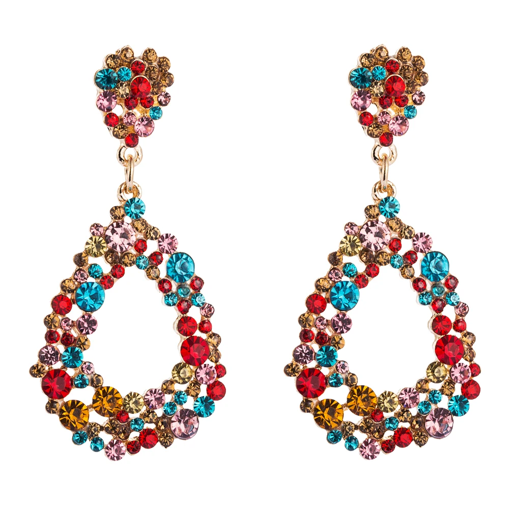 

Za Europeand and Korean Big Brand Earrings for Woman Bohemian Hollowing Out Oval Water Drop Earring Inlaid with Color Rhinestone