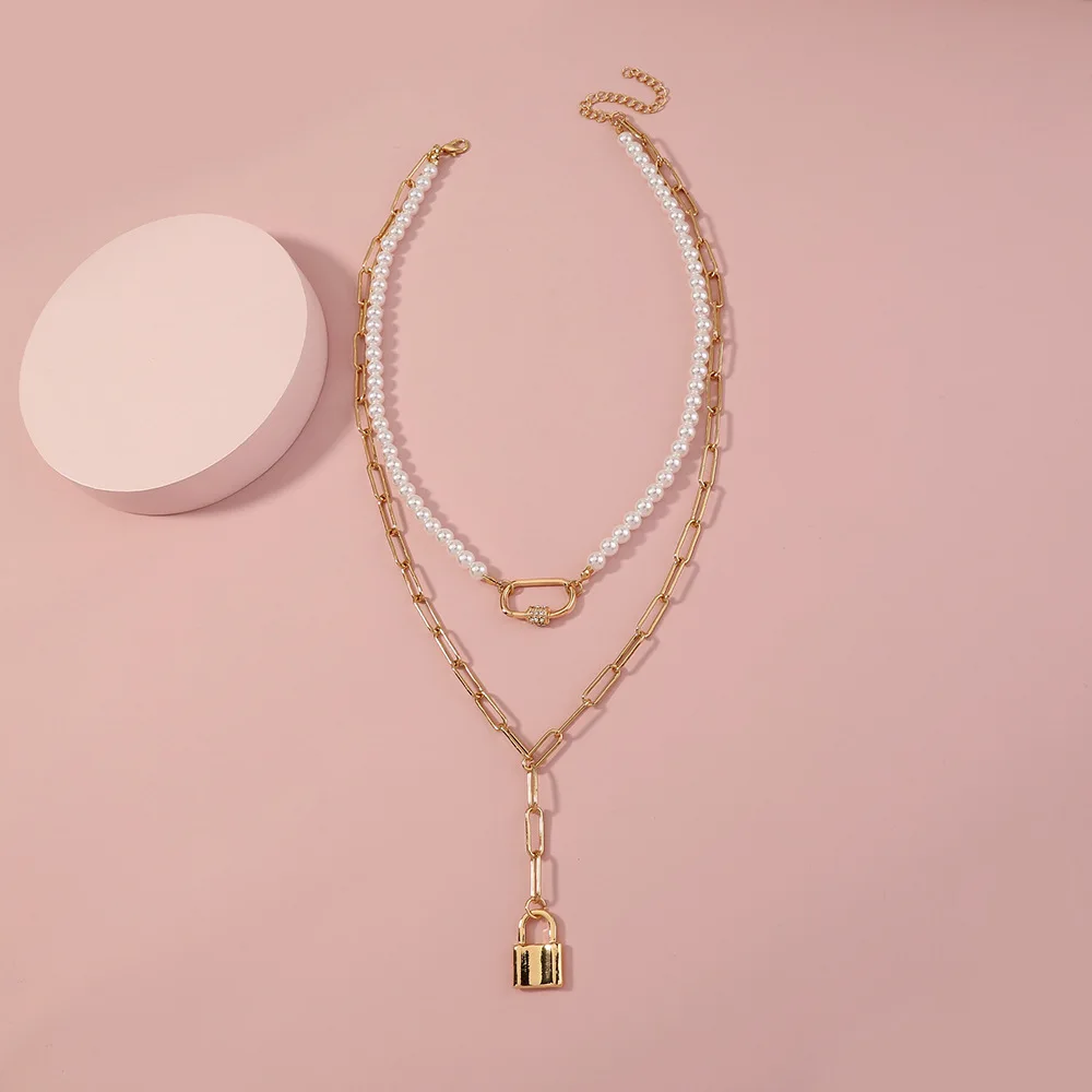 

Fashion new style gold lock Y-chain street style retro hip-hop round bead multi-layer necklace women