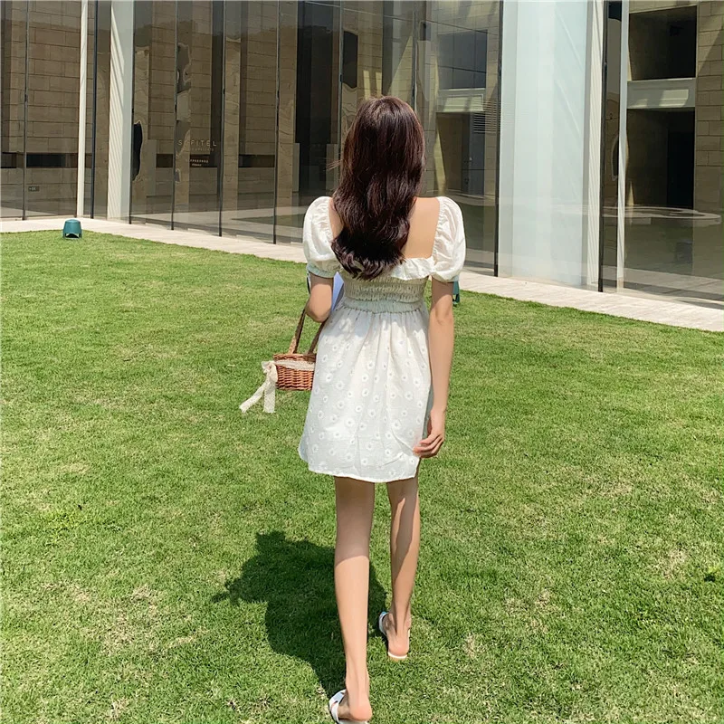 

Daisy Embroidery Floral Dress Summer Women High Waist Slim Lace Puff Sleeve Dress Cottagecore Sweet Girl Cute Short Sleeve Dress