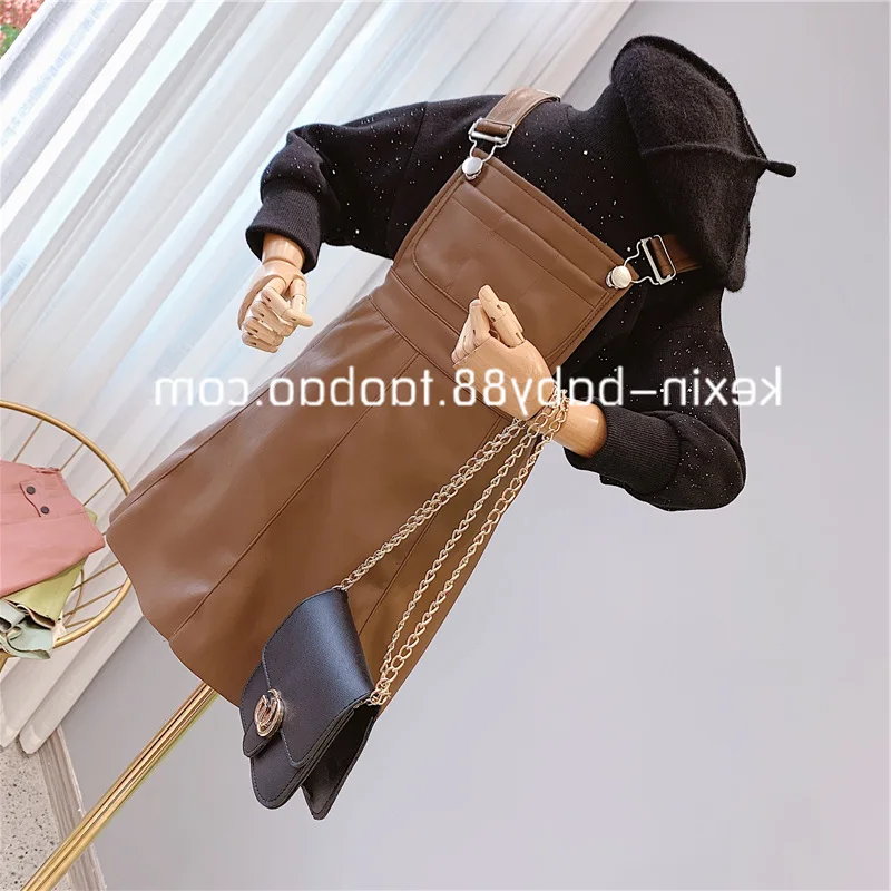 Autumn New Arrival Girls Fashion 2 Pieces Sets Warm Fleece Long Sleeve T Shirt+PU Overalls Dress Thanksgiving Outfits