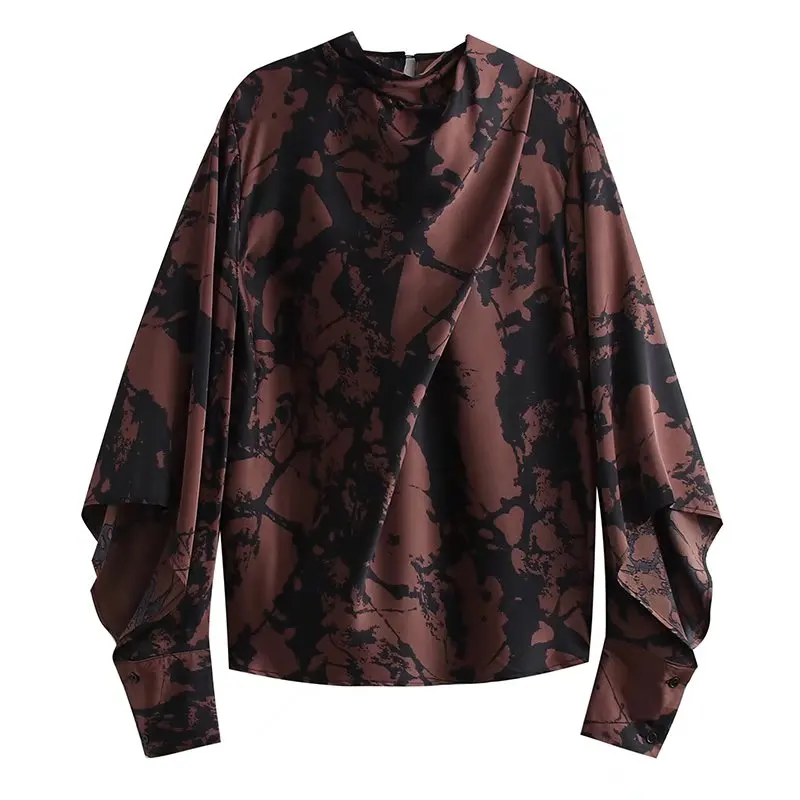

2022 Women Vintage Ink Painting Print Soft Satin Chiffon Shirt Ladies Back Bow Tied Blouse Chic Roupas Blusas Tops