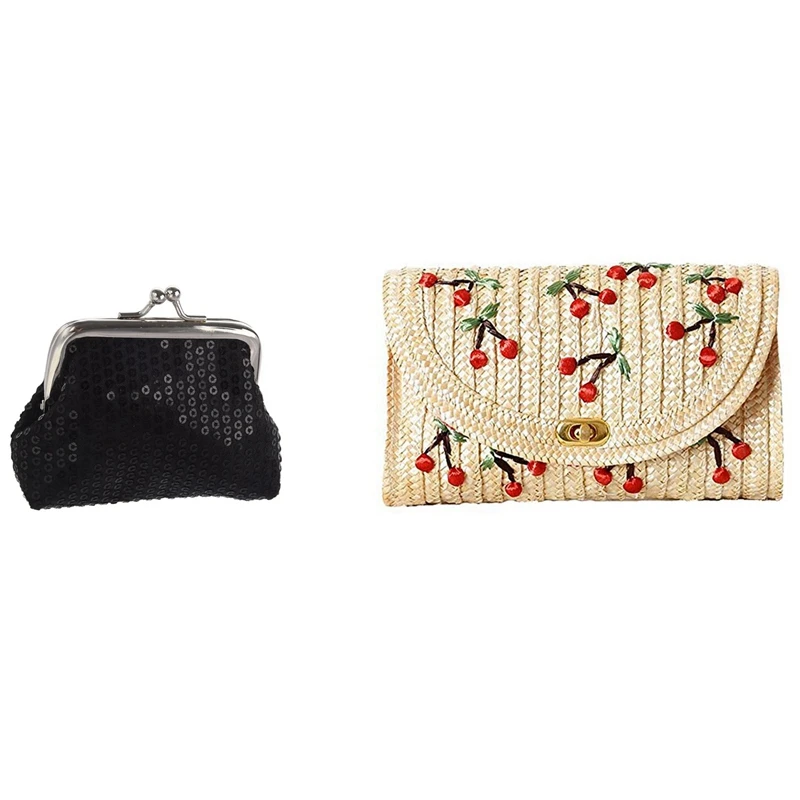 Женский кошелек для монет с блестками мини-кошелек пряжкой (черный) и плетеной