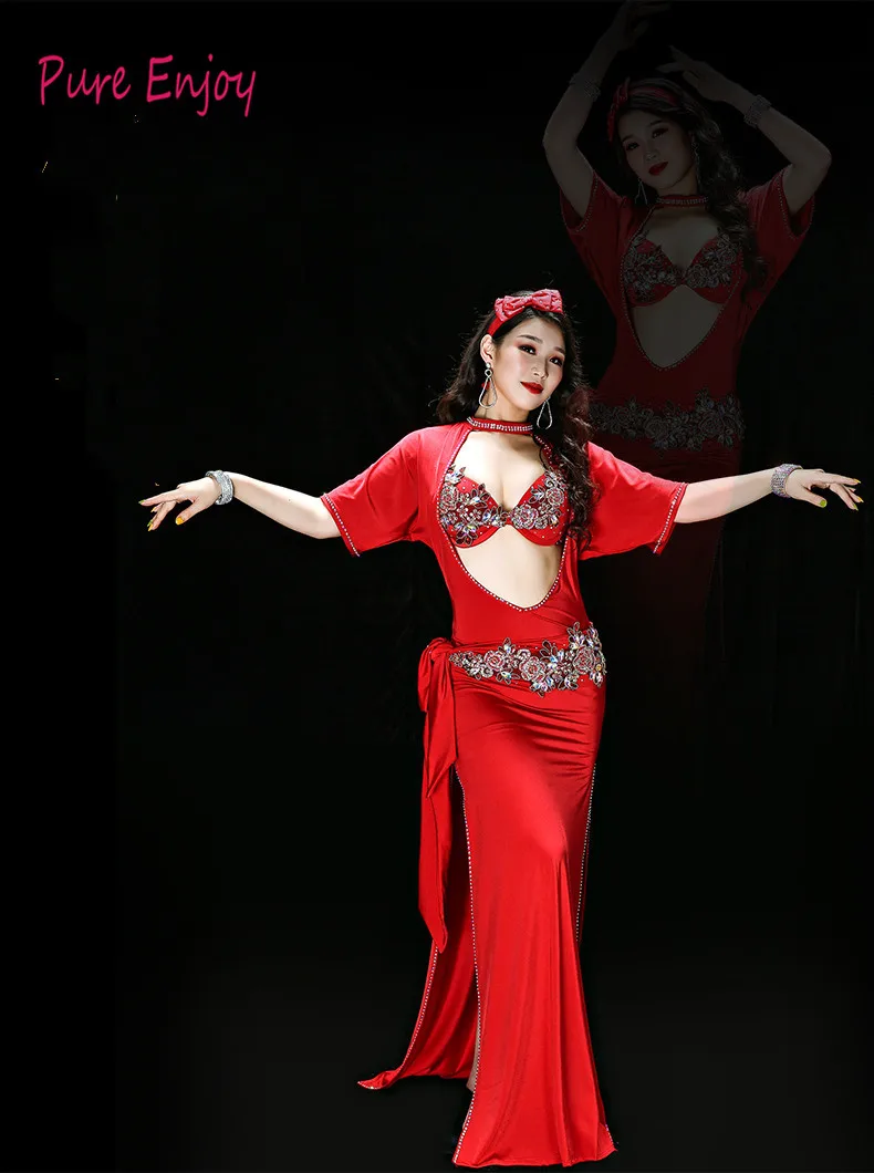 Красный Фиолетовый Костюм Танца Живота 5 Шт. Набор Женщины Bellydance Роскошный Египетский Стиль Galabeya Танцевальное Платье Спектакли