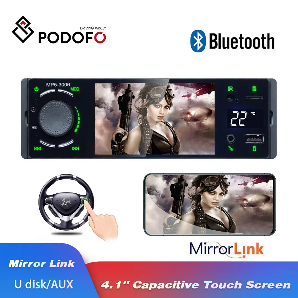 Podofo Радио авторадио 1 Din сенсорный экран Bluetooth SD USB MP3 MP5 мультимедийный плеер FM din