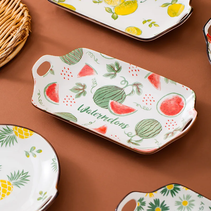 

11.8 Inch Nordic ins Fashion Flower Strawberry Plate Ceramics with Handle Baking Dish Sushi Plate Fruit Salad Soup Bowl