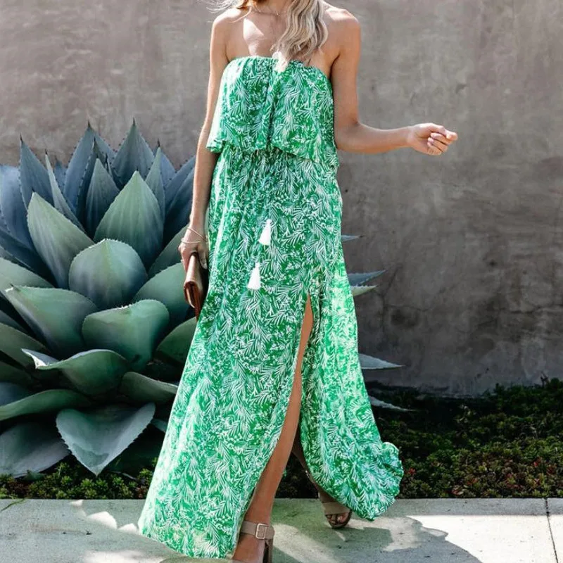 

Summer Women Retro Fashion Print Sexy Lace Slit Flounces Elegant Backless Off Shoulder Long Dress Causal Vacation Beach Vestidos