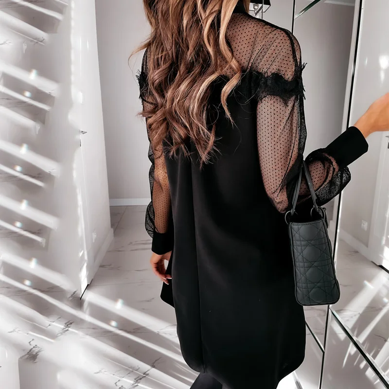 

Lace Patchwork Sexy Mini Dress For Women Spring 2021 New Loose Fashion Temperament O-neck Green A-line Woman Dress