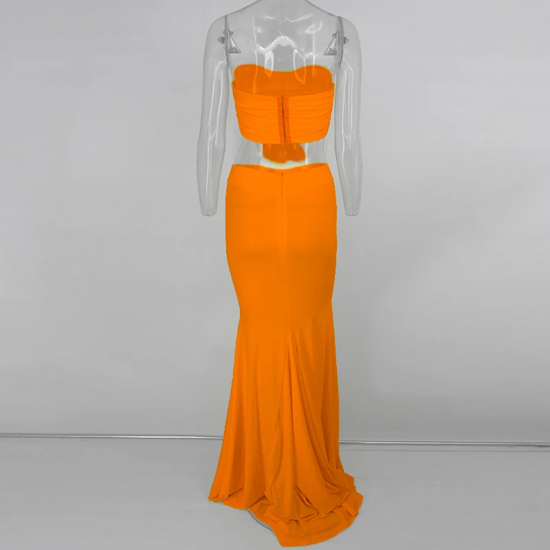 Dressmecb, элегантный комплект из двух предметов, с бантом, без бретелек, укороченный топ и макси юбки, бодикон, сексуальный комплект из 2 предметов, Womne, летняя одежда