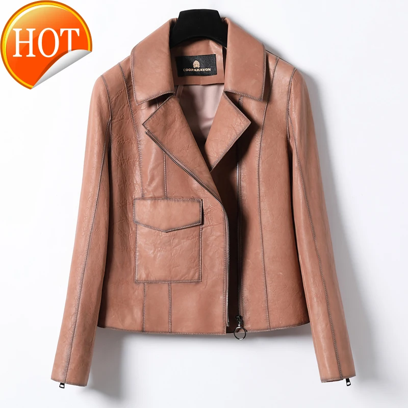 

Autumn 2020 new leather dress women's short slim fit sheep skin foam leather suit Lapel fashion leather jacket